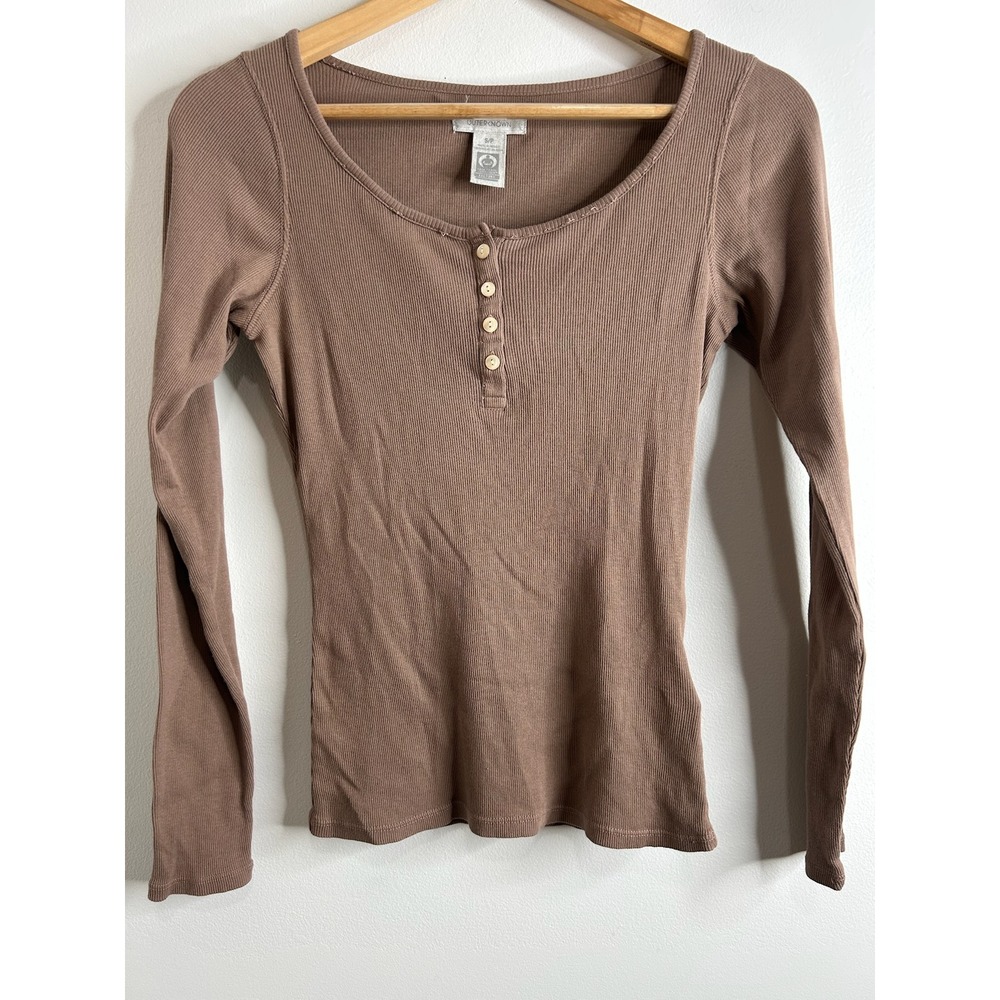 Outerknown Womens Ribbed Henley Long Sleeve Shirt Brown S Pet Cotton Y2K Preppy